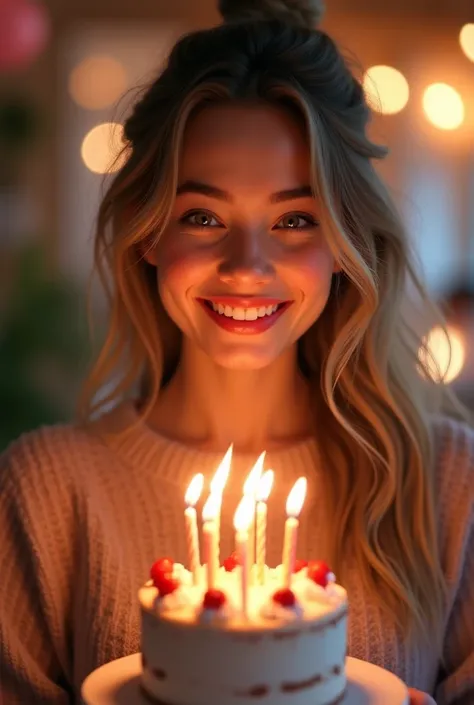 Beautiful girl with bright face standing holding birthday cake to celebrate her own birthday