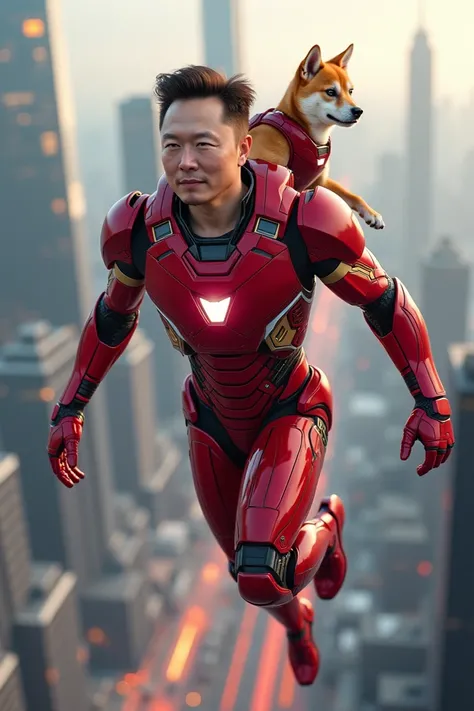 Elon musk flying in red ironman suit with shiba inu dog on his back