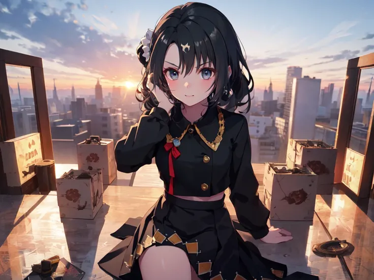 Solo, 1 girl, (human ear, earring), (black hair, vertical rolls, long hair, hair tied in a big red ribbon, flower in bangs), (mentally unstable face), (sitting, hands on head), (lacy black wedding dress, lacy black skirt), (sunset sky, evening sun, evening...