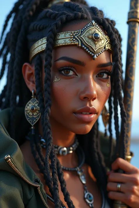 a close up of a woman with dreads and a sword, cyberpunk art inspired by Ryan Barger, Artstation contest winner, afrofuturism, stunning character art, realistic character concept art, amazing 8k character concept art, cyberpunk angry gorgeous druid, wojtek...