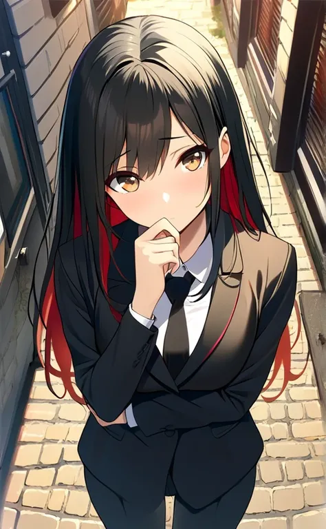  1 girl ,  long hair,  high definition , masterpiece,  anatomically correct,  best quality,  black hair,  Tall、 slender、 Brown Eyes 、Red inner color、 closes her mouth, Around town、Cobblestones、suit、Black tie、