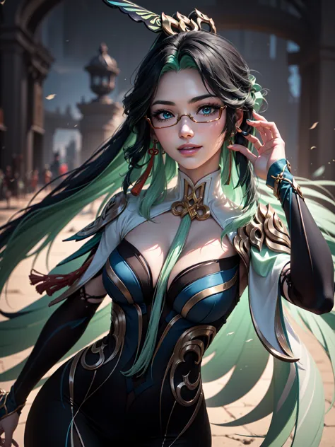 high quality, 8k, ultra detailed, 1 girl, (dynamic poses), ((xianyun, very long hair, hair ornament, semi-rimless eyewear, earri...