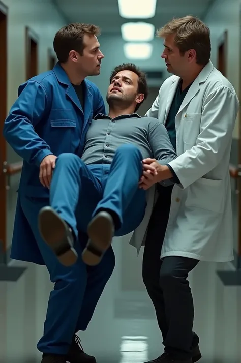  Images of a man in a blue jumpsuit and the other in a white coat and that they are carrying a man as if he were about to faint ( and that they are in the middle of the room  )