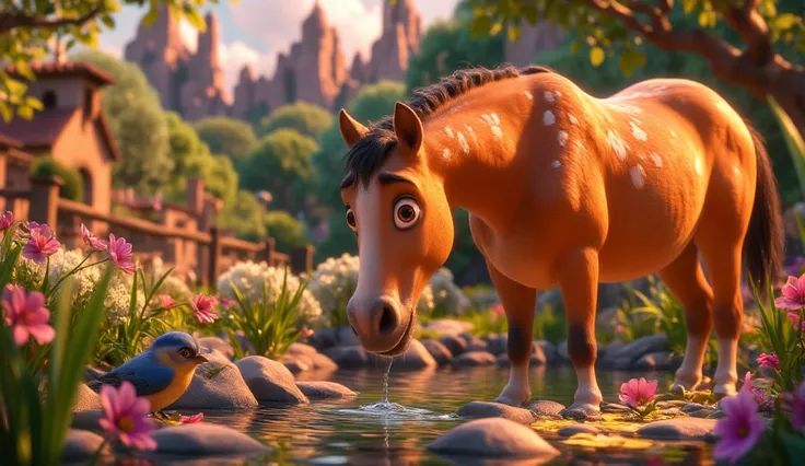 A light brown horse with white spots drinking water from a small pond on the farm. Next to it is a blue bird on a nearby fence, with a background full of trees and flowers, in a vibrant and warm Pixar-like 3D style.”