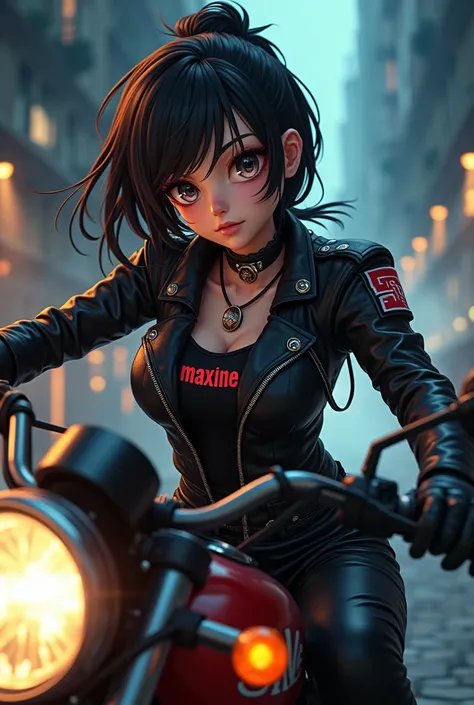 Create me an image with an anime picture with name ofthe character "maxine" in her shirt, necklace or cap the theme is motorcycle riding black put name on her shirt