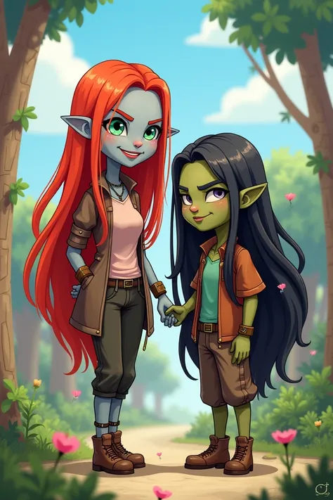  Create an image of a cartoon of two friends in the RPG style , a taller one with long red hair ,gray skin, cheerful and silly , the other shorter one with very long black hair and olive green skin,More grumpy 