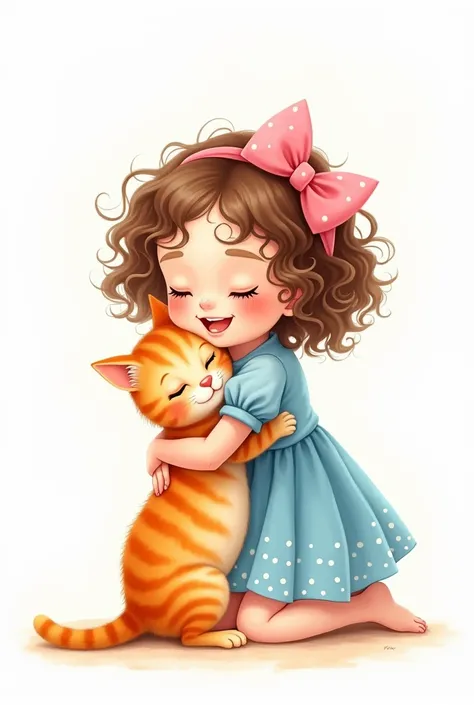   with curly brown hair , pink bow in hair,  blue dress with white polka dots, watercolor style, kneeling on the floor, hugging an orange cat ,  with an affectionate expression ,  white background.