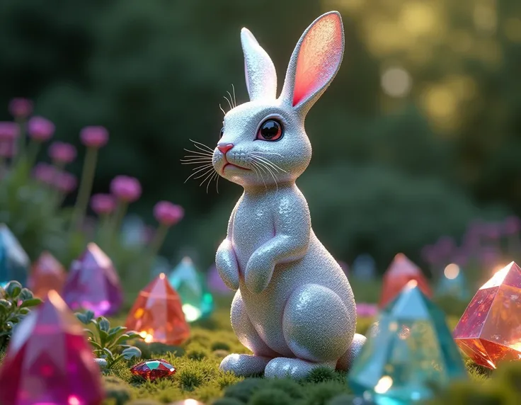 an anthropomorphic rabbit standing as if it were human entirely made of diamonds in a garden of different colored precious stones