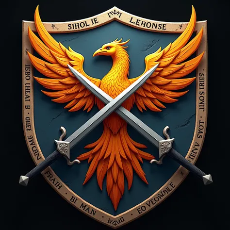 Create a warrior guild coat of arms, with crossed swords,  whose guild name is  "The Order of the Phoenix .With the following writing carved on the edges of the shield: I promise on my honor, to protect the weakest and not to weaken in front of the stronge...