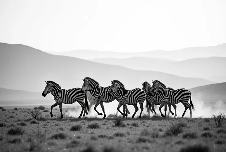 Black and white landscape of a herd of zebras in Africa 