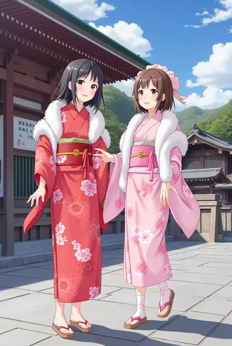  best quality、 high definition 、(High image quality:1.2)、masterpiece、 detailed background、Realistic、 RAW photos 、Meiji Jingu Shrine、
Two girls enjoying their first visit at a popular spot 、 bright red and pink kimonos with plum and cherry blossom patterns、...