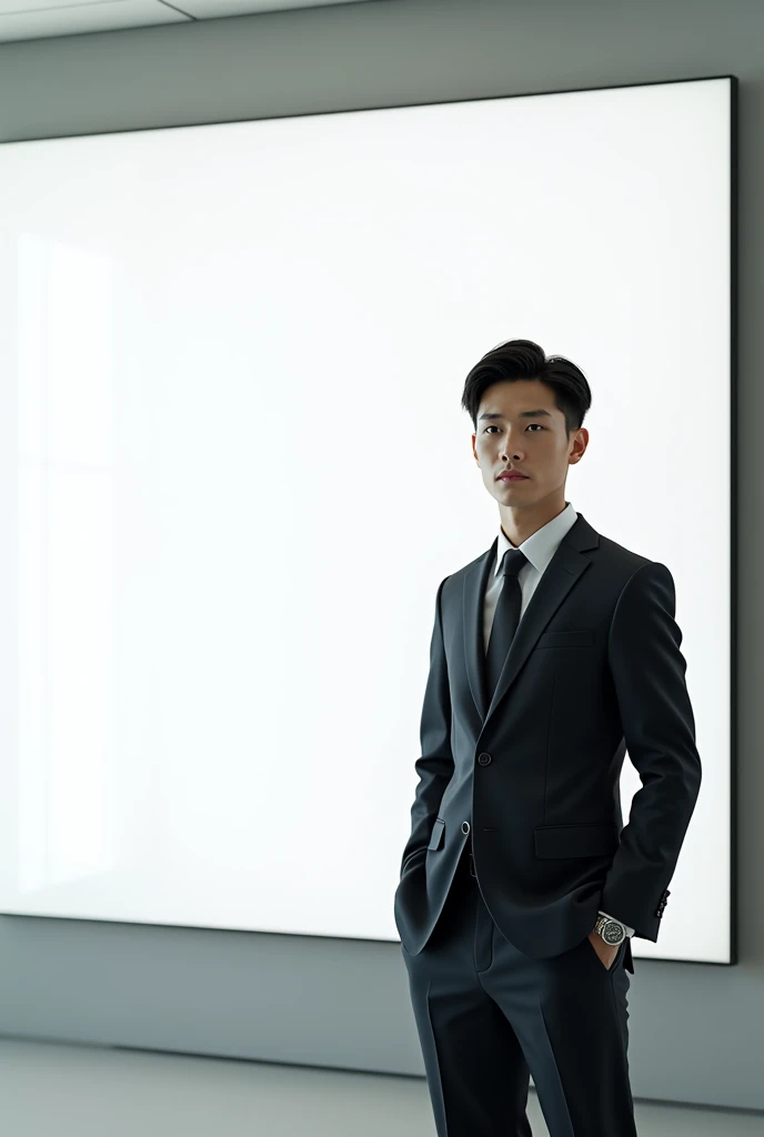  An young Asian man with short dark hair wearing a dark suit, standing next to a large blank white display screen