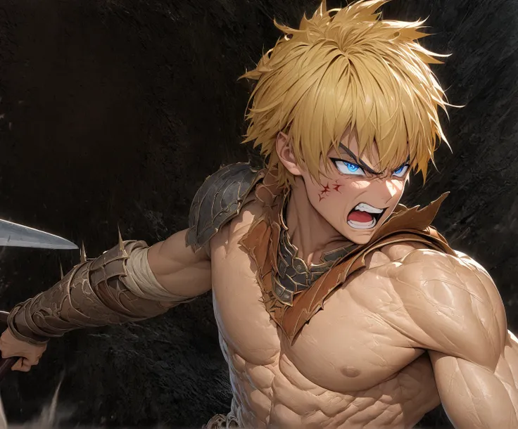 Ultra detailed, highres, absurdres, HDR, master piece, blonde hair, expressive blue eyes , sexy man, solo, handsome, very detailed face and eyes, best quality, A muscular blond male warrior riding . The warrior is wielding a large sword and wearing minimal...