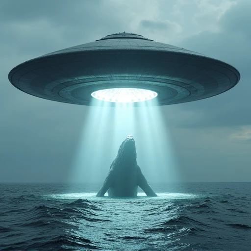 A flying saucer above sea level abducting an ultra HD whale