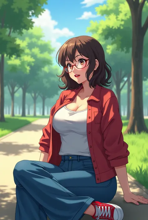  Fat woman with short shoulder-length wavy brown hair, reading glasses , sleepy eyes,  red lips,   sleeveless red jacket under a low-cut sleeveless t-shirt ,   wide-leg blue jeans red and white canvas sneakers in the background of a sunny park,  anime styl...