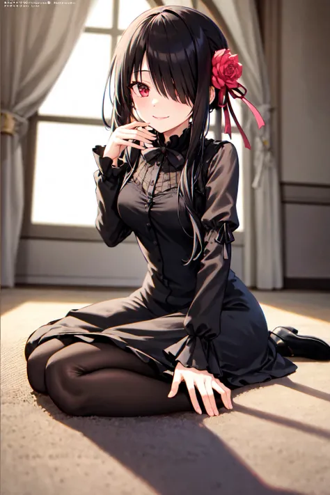 1 Girl,  unique , Kneel down,  constellation, 
cckurumi,  long hair, Low double ponytail, Hair Flower,  cover the hair of one eye, Hairpin, Gothic,  black dress, ribbon, pantyhose, 
slippers, 
Sitting,  Smile,  watching the audience, 
Lean forward, 
Indoor...