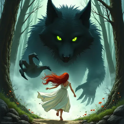 manga style illustration. Long red-haired elf  wearing white dress , being chased through a wolf-shaped fog with a large monster in the form of black smoke with huge green eyes jumping on top of the . Front angle Set dark forest as background