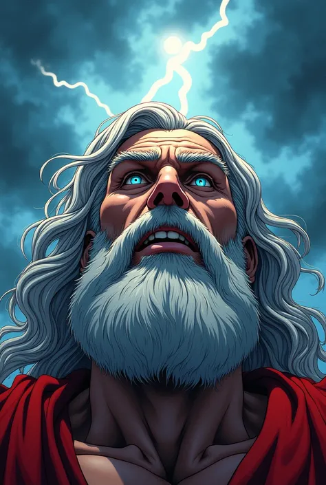 comic art graphic novel art, comic illustration, highly detailed Zeus, an imposing Greek figure with a long beard and intense blue eyes, grimacing with anger, captured from below focusing on his powerful facial features and the brewing storm clouds above.,...