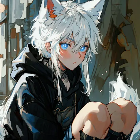 Single boy, Anime boy, Short, Long flowing white hair, wolf ears, wolf tail, blue eyes, wearing a cropped oversized black hoodie, wearing short denim shorts, thigh high fishnets, flat chest, super flat chest, solo femboy, only one femboy solo, alone, (SOLO...