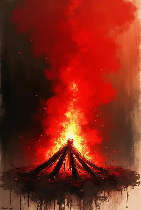  Create a girl and a boy kissing with flames of fire. Follow the mode of this image 