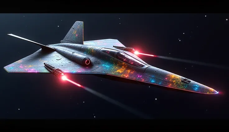 a futuristic stealth fighter jet flying through space, covered in rainbow batik pattern and glowing rgb lights, ray gun on each sides, holes