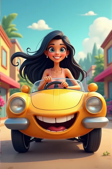 Cartoon woman with long black hair driving a happy car 