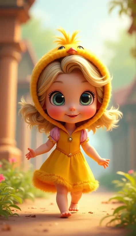 Disney Pixar style character Rapunzel baby with short hair and a chick hat who is standing up to move her walking and who is looking ahead and who wears a yellow dress