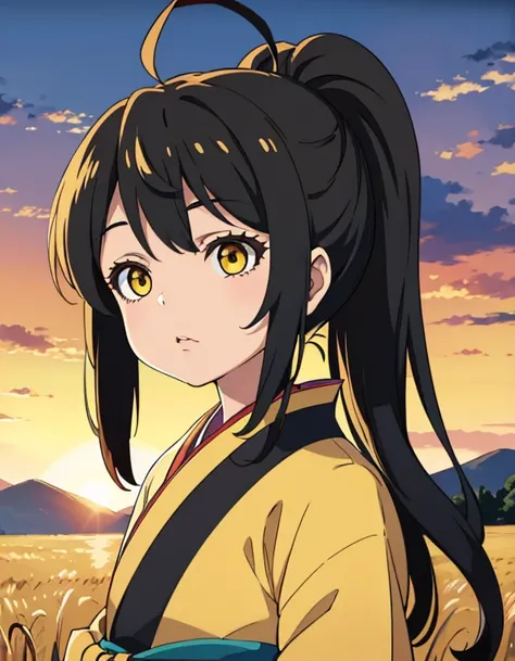    girl in kimono standing in a field of wheat,  black kimono with gold borders ,  hair tied in a ponytail ,   yellow eyes ,  the sunset in her eyes , The light hits her face ,  half faces the camera  