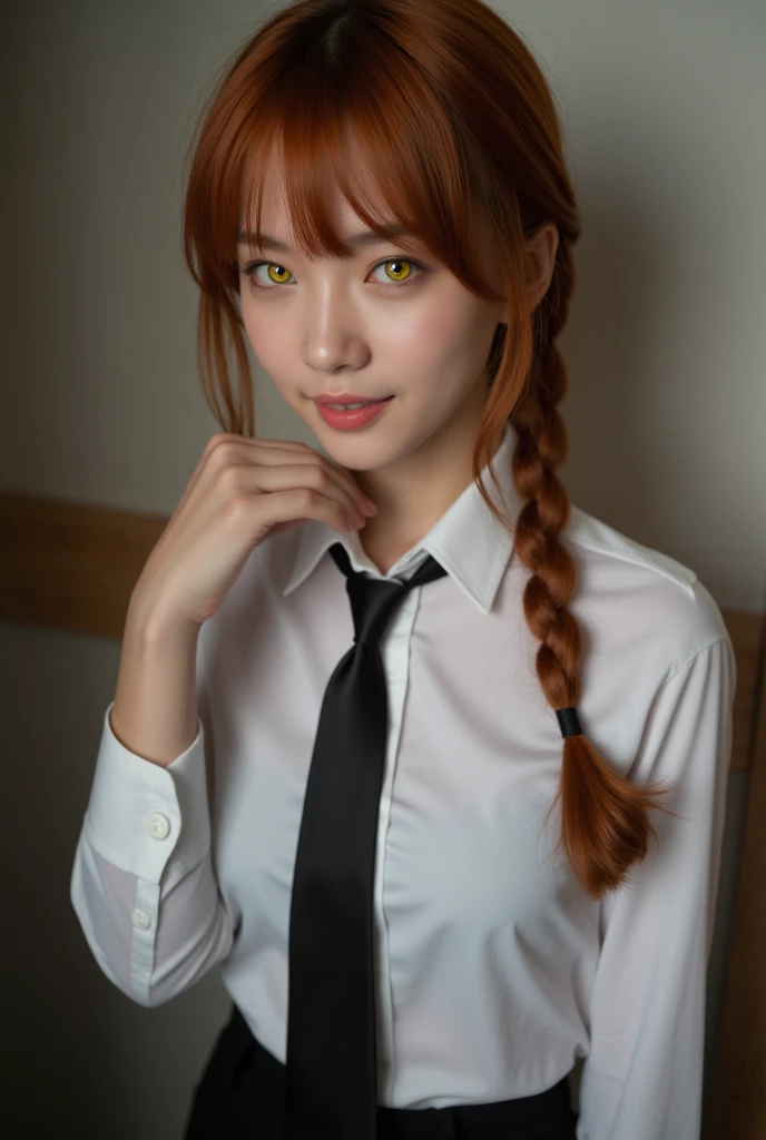 Beautiful Asian girl with long single braided red hair with a few loose strands framing her face,  Her eyes are round and bright yellow, with distinct circular rings inside them, giving her a mysterious and captivating look. She has big breast and slender ...