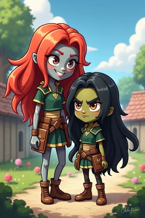  Create an image of a cartoon of two friends in the RPG style , a taller one with long red hair ,gray skin, cheerful and silly , the other shorter one with very long black hair and olive green skin,More grumpy 