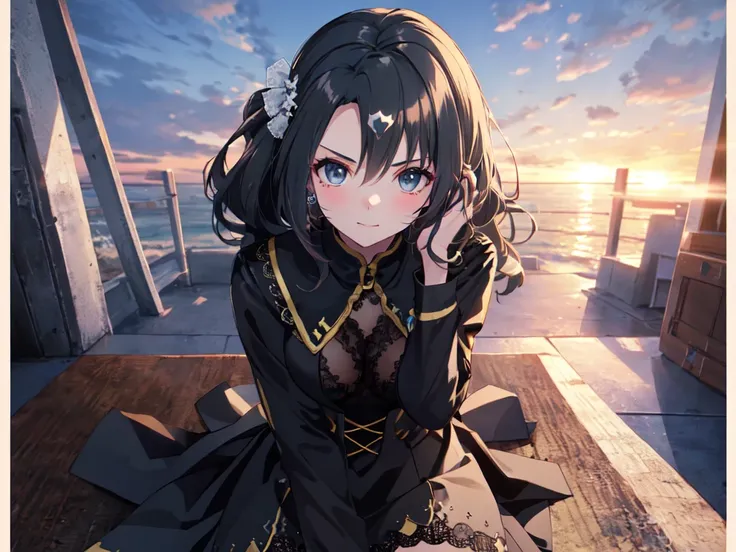 Solo, 1 girl, (human ear, earring), (black hair, long hair, hair accessory), (anime face, normal face), (sitting, hands on head), (lacy black wedding dress, lacy black skirt), (sunset sky, evening sun, evening sky), (focus on chest, oblique angle), (high r...