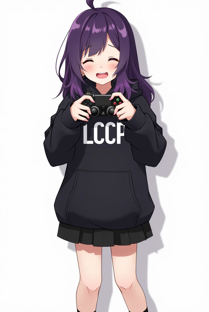 Teenage woman with purple hair looking forward and black hair standing in front and her legs and wearing black shoes and black socks And black poleron without closure with hood and with white athletic-style font LCCP letters on the chest with pink nails gr...