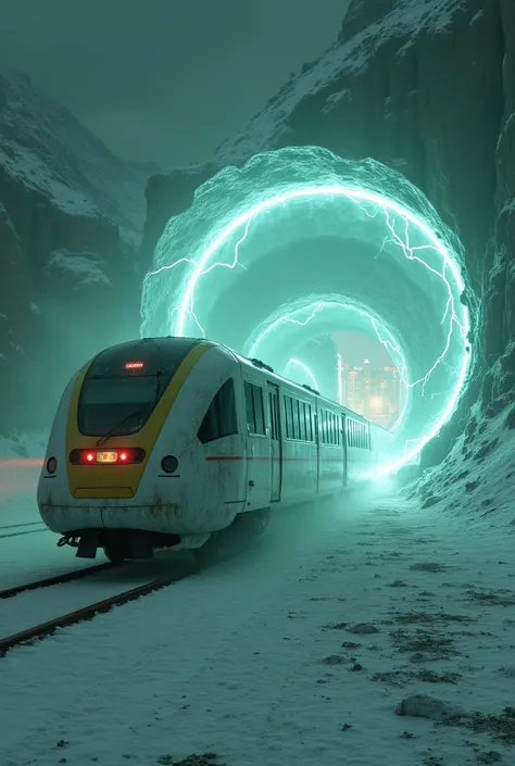  image of a hyper-futuristic double-decker bullet train ;  the train is dirty with snow and covered by ice everywhere with frozen windows on a deserted planet dark at night and greenish, Is there fog around the train ,  the train is coming out of a round m...