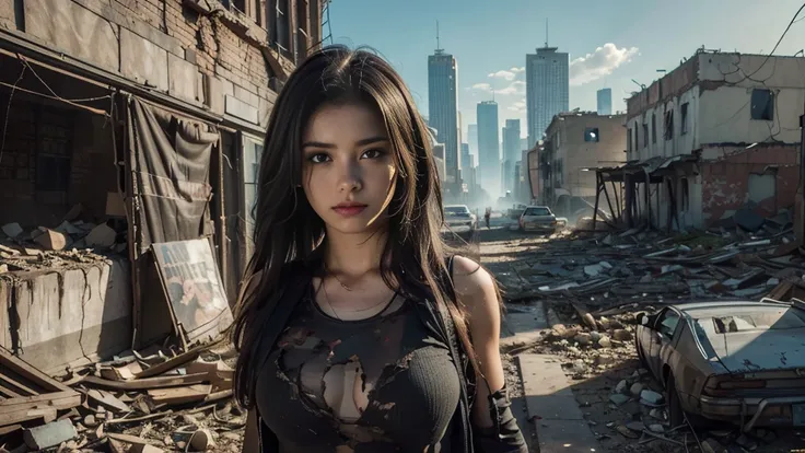 masterpiece, high-resolution ,8K,(Portrait Photos:1.5),(R Original Photo),Reality,Digital Photography,(Apocalyptic ruins ),City ruins，beautiful 20 year old woman，sentry， post-apocalyptic scene， upper body photography ， broken clothes