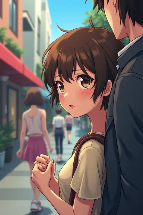 Anime girl with short brown hair jealous because a pretty girl walks by her black-haired boyfriend Lizo 