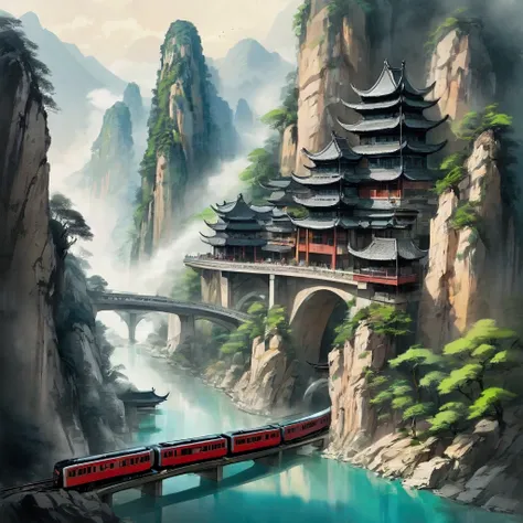 Futuristic train in traditional Chinese mountain ink painting style，Mountains，A winding river， dense forest，Ancient buildings