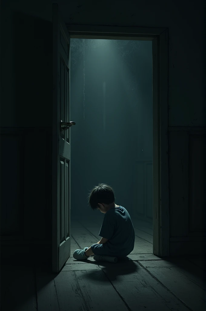 Create a scene of a door opening revealing a dark room with a boy sitting on the floor