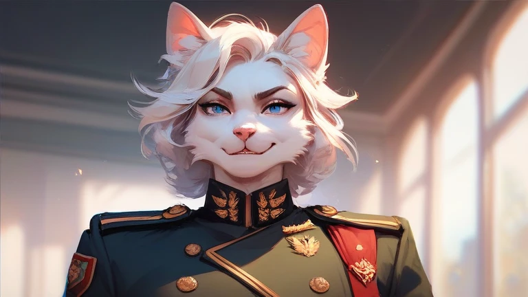 A white cat in an anthropomorphic military uniform