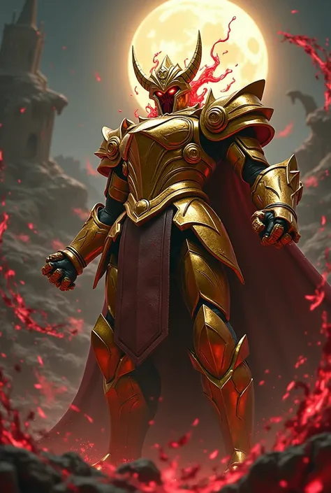 1 pvc action figure style image of the golden saint Camus of Aquarius, in fighting pose, covered in blood, full of anger, red eyes, golden armor of Aquarius, with his evil cosmos emerging from his body, specters around him , outside the Sanctuary of Athena...