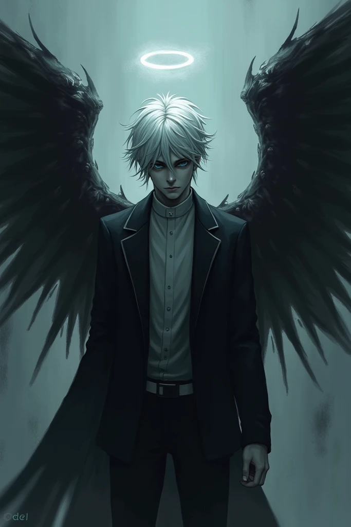 Create a male character who is a fallen angel with a ruined feeling, blue eyes, white hair, half bundles, Halo, dark wings, and clothes that look like a priests suit