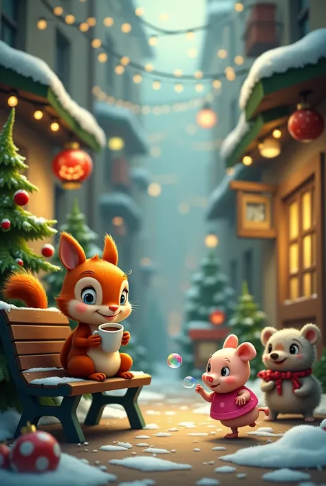  A squirrel in the alley is sitting on a bench with a cup of coffee and a little pig and a bear with soap bubbles are running around. Along the Christmas tree alley . And a little bear is dancing ballet 