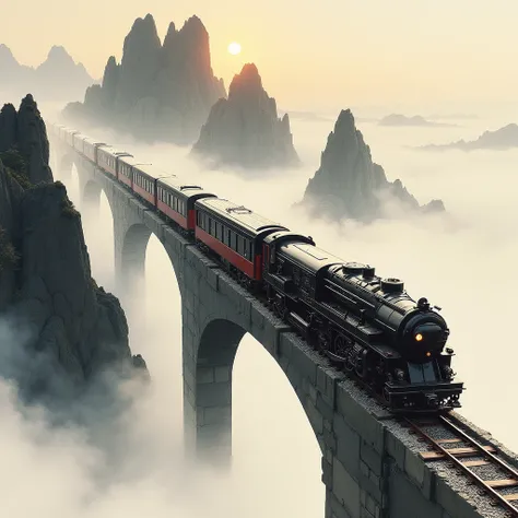 A futuristic train that traverses time and space in the style of traditional Chinese mountain ink painting