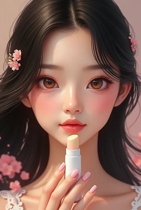 photoreally,  lip balm , , really, Best quality,  Very high resolution , Deep , pastel color, Natural shade,  Focus on the face , Face only,  looks at the viewer , long hair,  hair accessory , Black hair, Brown and well detailed eyes, dress