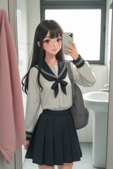  Photo of a young Korean woman raising her hand taking a selfie in the mirror.  She is dressed in a white school uniform with a black ribbon and a black skirt ,  as well as holding a grey bag .  The background is a bathroom with a sink and window .  There ...