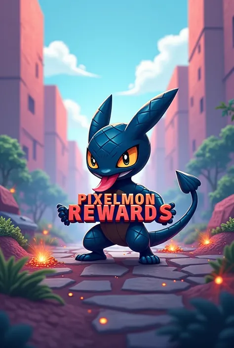 Make me a wallpaper with the name Pixelmon Rewards with a little greninja holding the name