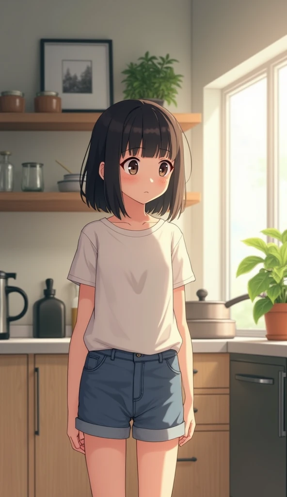  A  girl with white skin and dark hair in a bob style,  dressed in a white t-shirt and blue shorts ,  standing in a modern kitchen .  She is looking to the side with an expression of curiosity ,  as if she were paying attention to someone in front of her ....