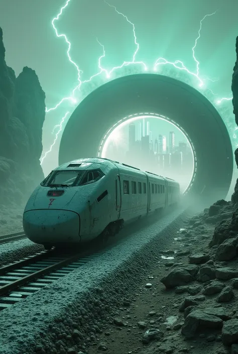  image of a hyper-futuristic double-decker bullet train ;  the train is dirty with snow and covered by ice everywhere with frozen windows on a deserted planet dark at night and greenish, Is there fog around the train , The train is coming out of a round mu...