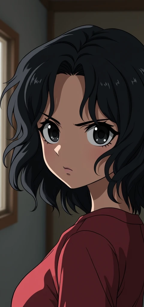 anime hokuto no ken style young Spanish girl ,  wavy black hair ,  black eyes, At home, 8k , personal profile picture, profile picture,  portrait profile picture, that looks like the photo, 