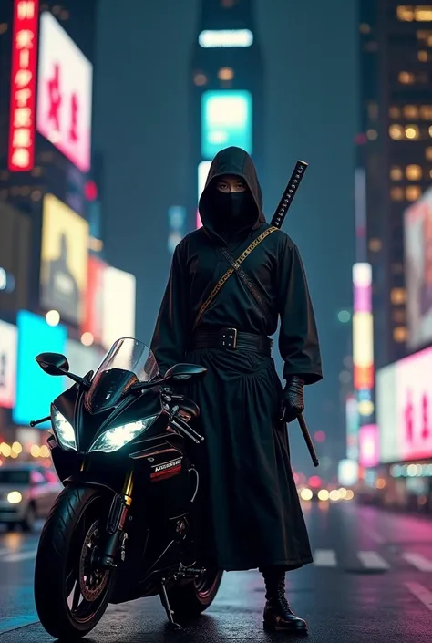 Photorealistic, hyper detailed, masterpiece, 8k, night sky, New York City, Time square, a formidable Japanese ninja with a katana on his back is standing next to a black Kawasaki motorcycle. He’s ready to eliminate his next target.