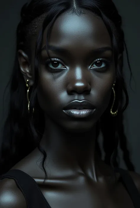 a close up of a woman with dark skin and piercings, dark skin, dark black skin, dark black skin tone, dark complexion, dark skin female goddess of love, dark blue skin, dark skin tone, dark-skinned, beautiful dark elf countess, deep black skin, black skin!...